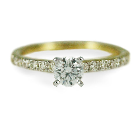 18k Yellow and White Gold Diamond Engagement Ring with Pavé Band