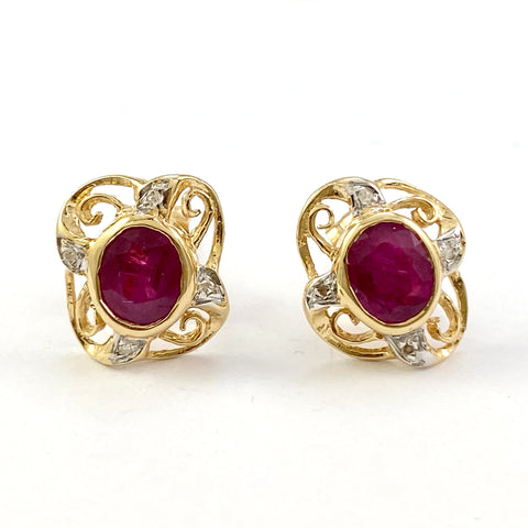 14k Yellow Gold Ruby Diamond Earrings