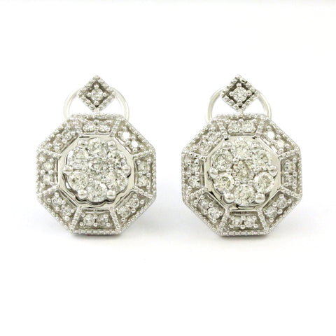 14k White Gold Octagonal Shaped Diamond Earrings with Omega Back